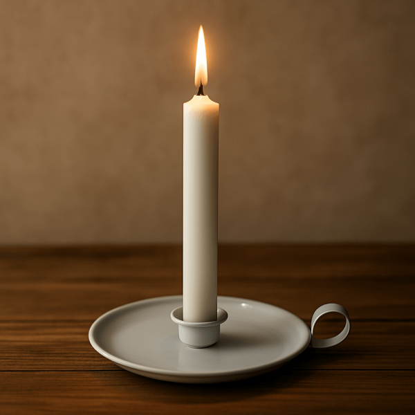 meatl holder setting Metal candle holder with a dinner candle.