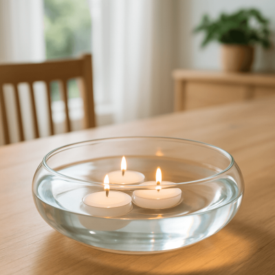 Floating candle glowing on water surface for weddings and pool parties