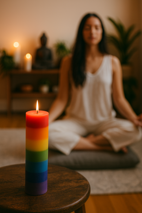 7-Layer chakra pillar candle with seven stacked colour bands – red, orange, yellow, green, blue, indigo and violet – standing upright on a neutral background.